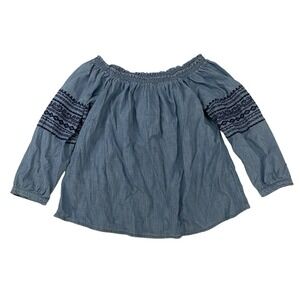 GAP Blue Chambray‎ Off The Shoulder Blouse Smocked Embroidered Denim Look Sz M